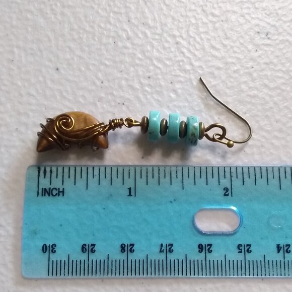 Wire Wrapped Tigereye Moon + Turquoise Howlite ~ One-of-a-kind Dangle Earrings - Picture 10 of 13